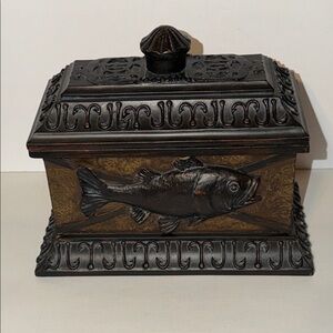 Vintage Decorative Brown Fish Box Featuring a Relief Style Fish Theme. Heavy